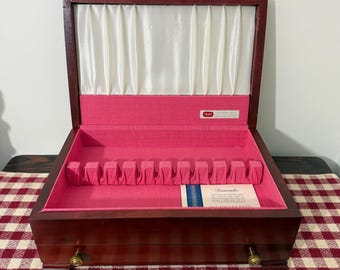 Silverware Chest Flatware Silver Storage Box w Pink Fabric Interior 16 1/4" x 11" x 6 1/8" high marked 1847 Rogers Bros.