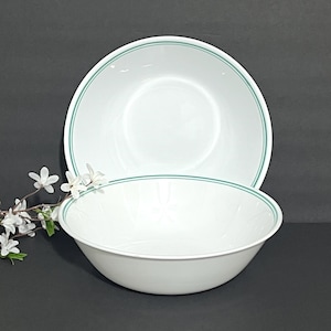 Corelle (2) White - Vegetable Bowls Corelle White Bowls w/Double Green Bands Rosemarie