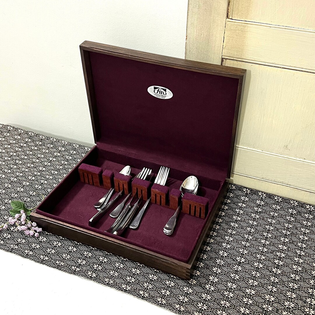 Flatware Chest Silverware Storage Box Brown W Purple Tarnish Proof