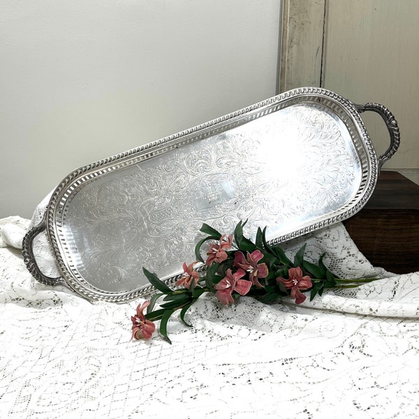 F B Rogers Silver Co. Oblong Silverplate Serving Tray Engraved Barware Centerpiece Gallery Tray 9" W x 21" L - 24" L w/Handles NOT PERFECT