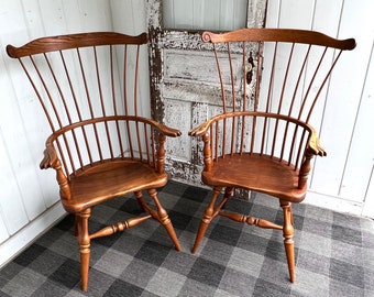 Pair FREDERICK DUCKLOE Windsor Chairs High Back Fan Back Vintage Chairs in a Nutmeg Color