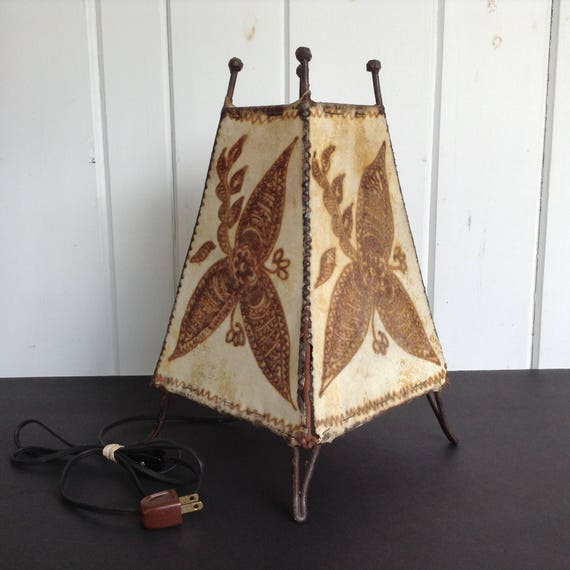 Vintage Handpainted Folkart Rawhide Southwestern Wrought Iron Table Lamp With Fl Shade Laced Beige And Brown
