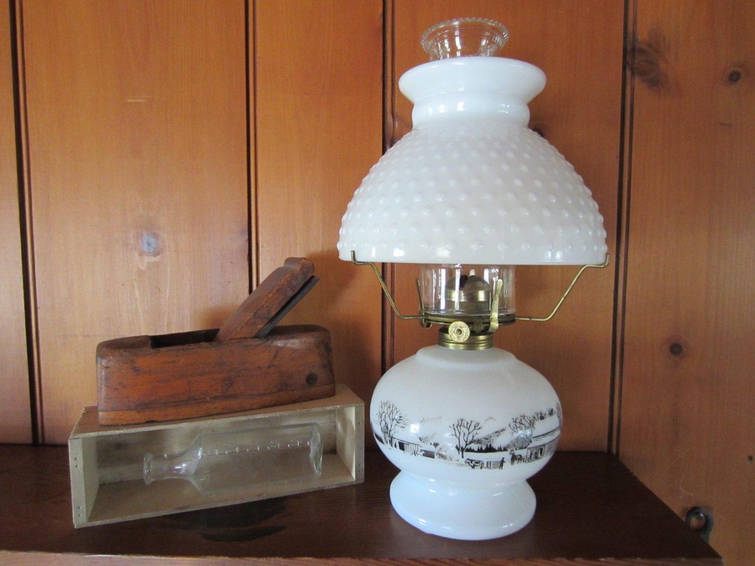 Vintage Currier & Ives Hobnail Milk Glass Kerosene Oil Lamp Etsy