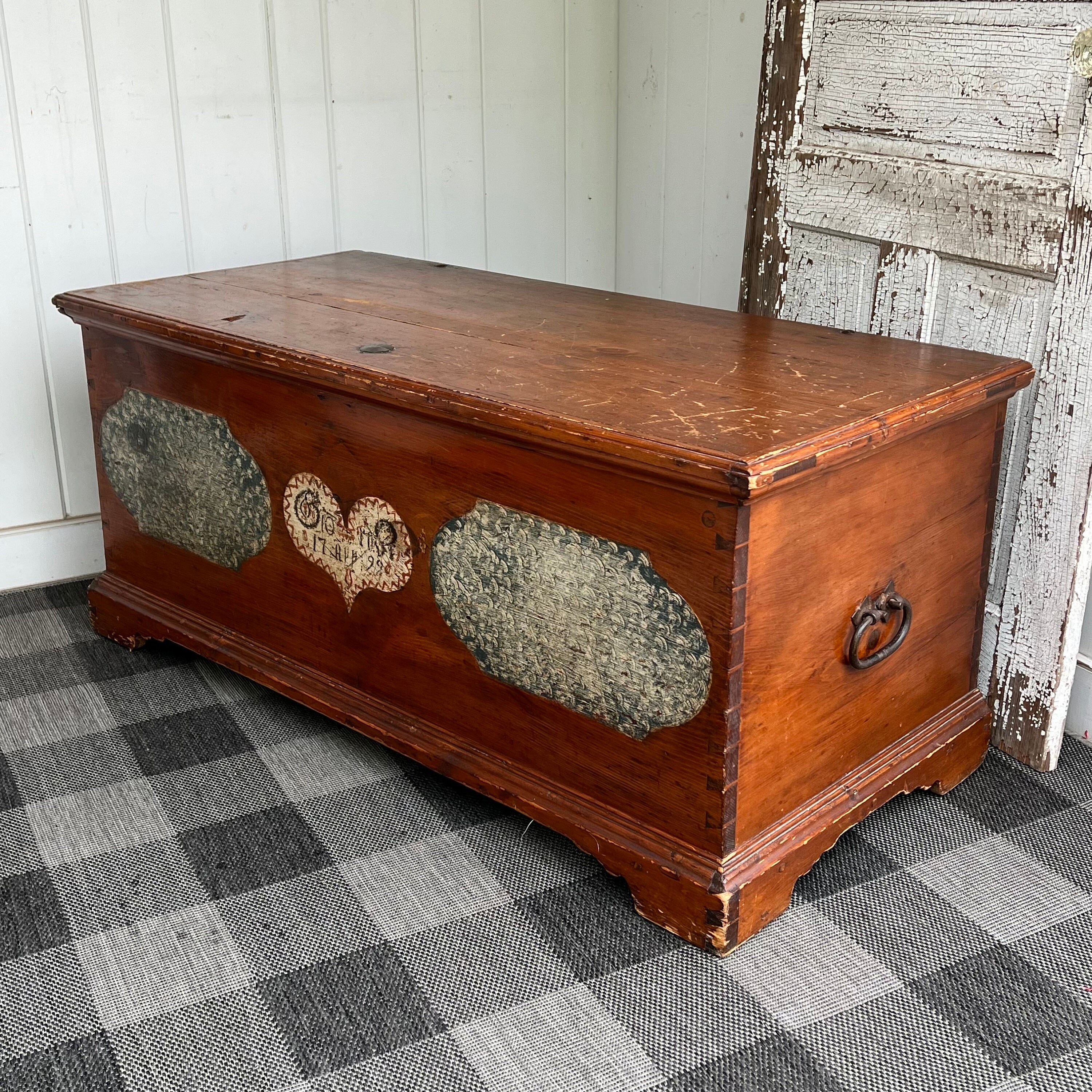 Dated 1799 Blanket Chest Pegged Dovetailed Hand Forged Hardware Antique Primitive Storage Hope Chest 50