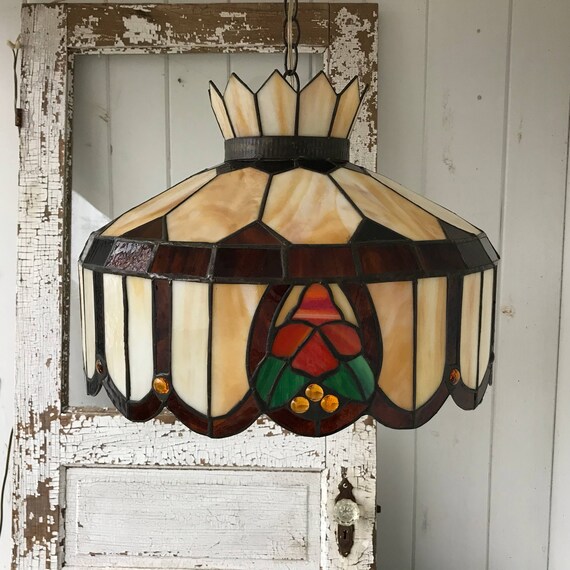 Tiffany Style Stained Glass Hanging Light Fixture 20 1 4 Wide X 14 1 4 High Flowers In Orange Gold Rust Green Floral Ceiling Chandelier