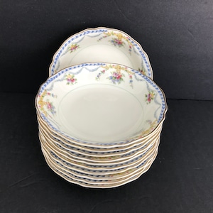 11 - Fruit/Dessert Sauce Bowls Leonora Pattern by Franconia-Krautheim Selb Bavaria Germany Fine China Floral Rim Blue Gray Green Gold Trim