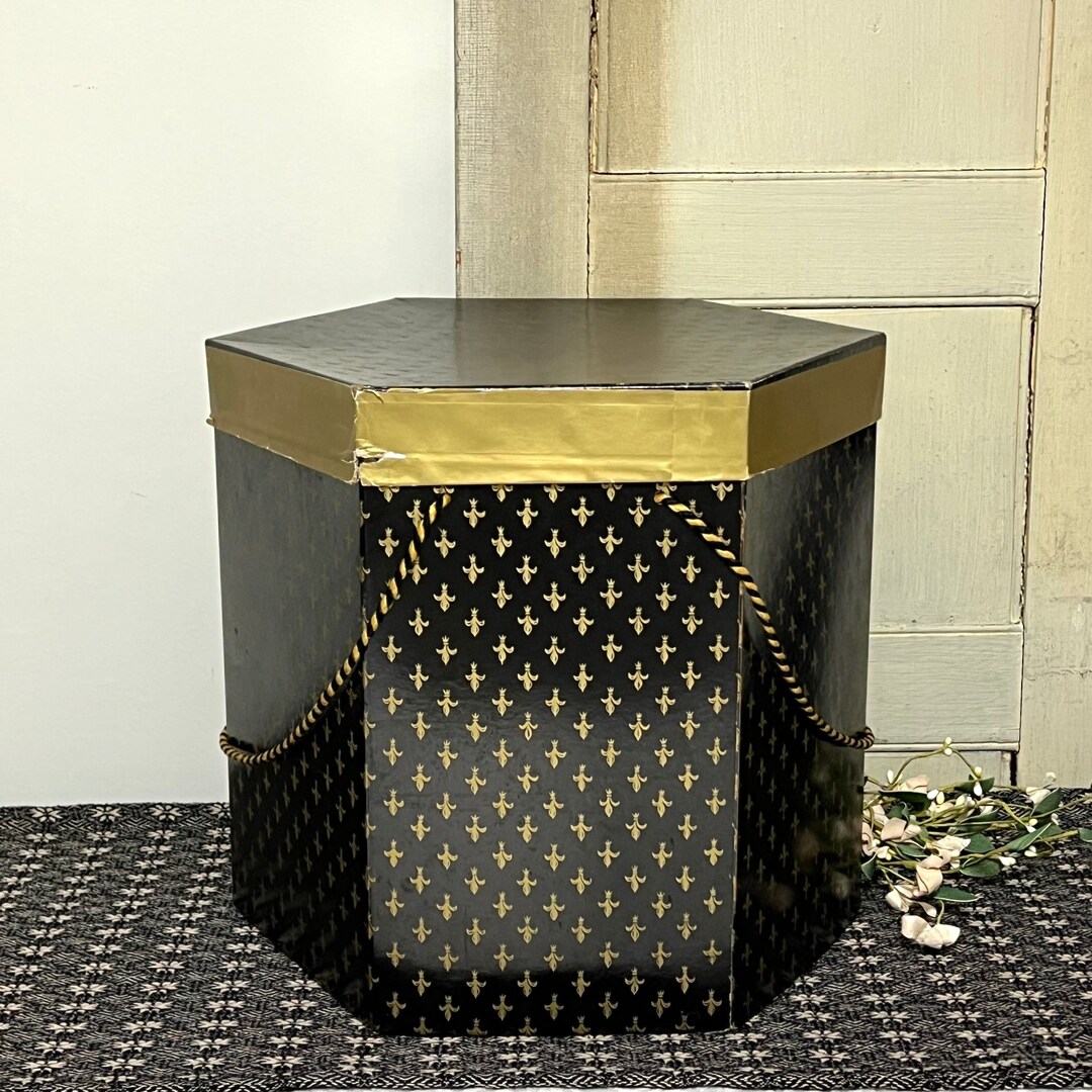 Vintage Black and Gold Hat Box Fleur-de-lis Design Extra