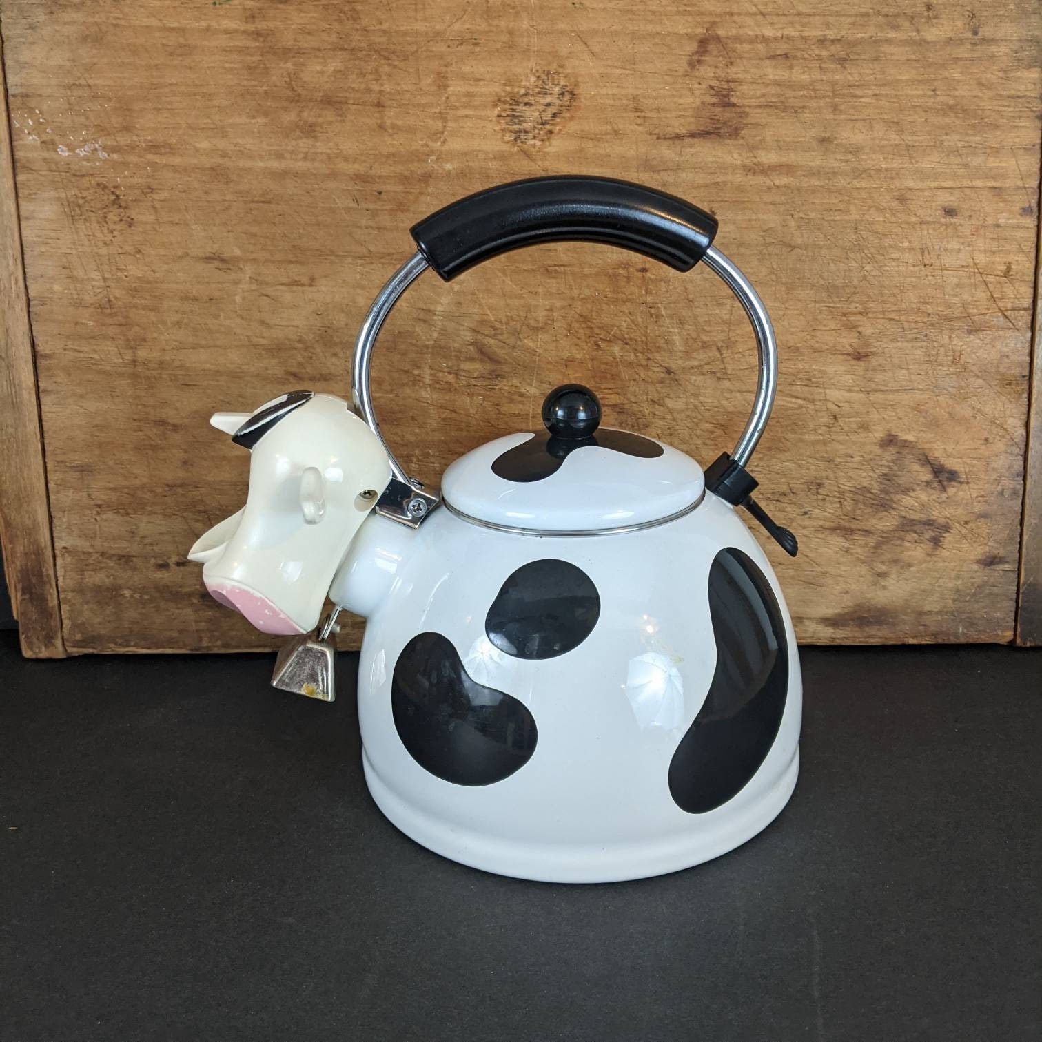 Vintage M Kamenstein Black White Cow Whistling Tea Kettle Teapot