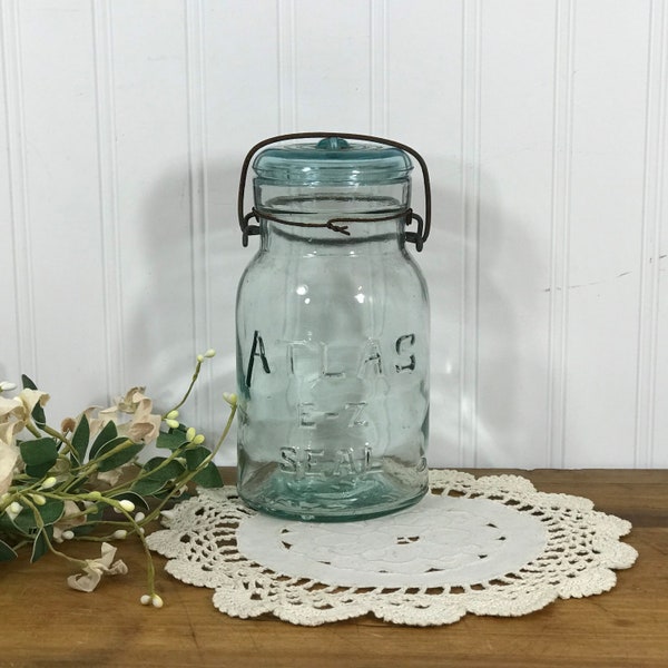 Blue Glass Atlas E-Z Seal Canning Jar Trade Mark Registered Bailed Quart Kitchen Food Container Canister Glass Lid