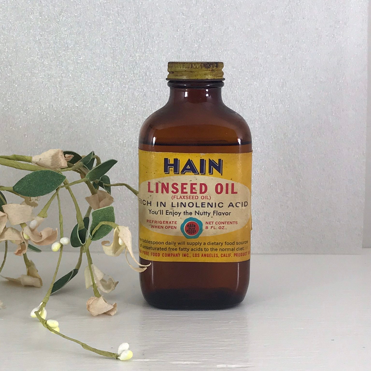 Bottle Hain Linseed Oil (Flaxseed Oil) Rich in Linolenic Acid Vintage  Antique Food Grade Dist. By Hain Pure Food Company Inc., Los Angeles