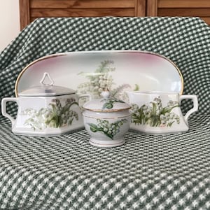 Lily of the Valley Porcelain Serving Pieces Sugar, Creamer, Trinket Box, Bread Plate, May Birthday Flower