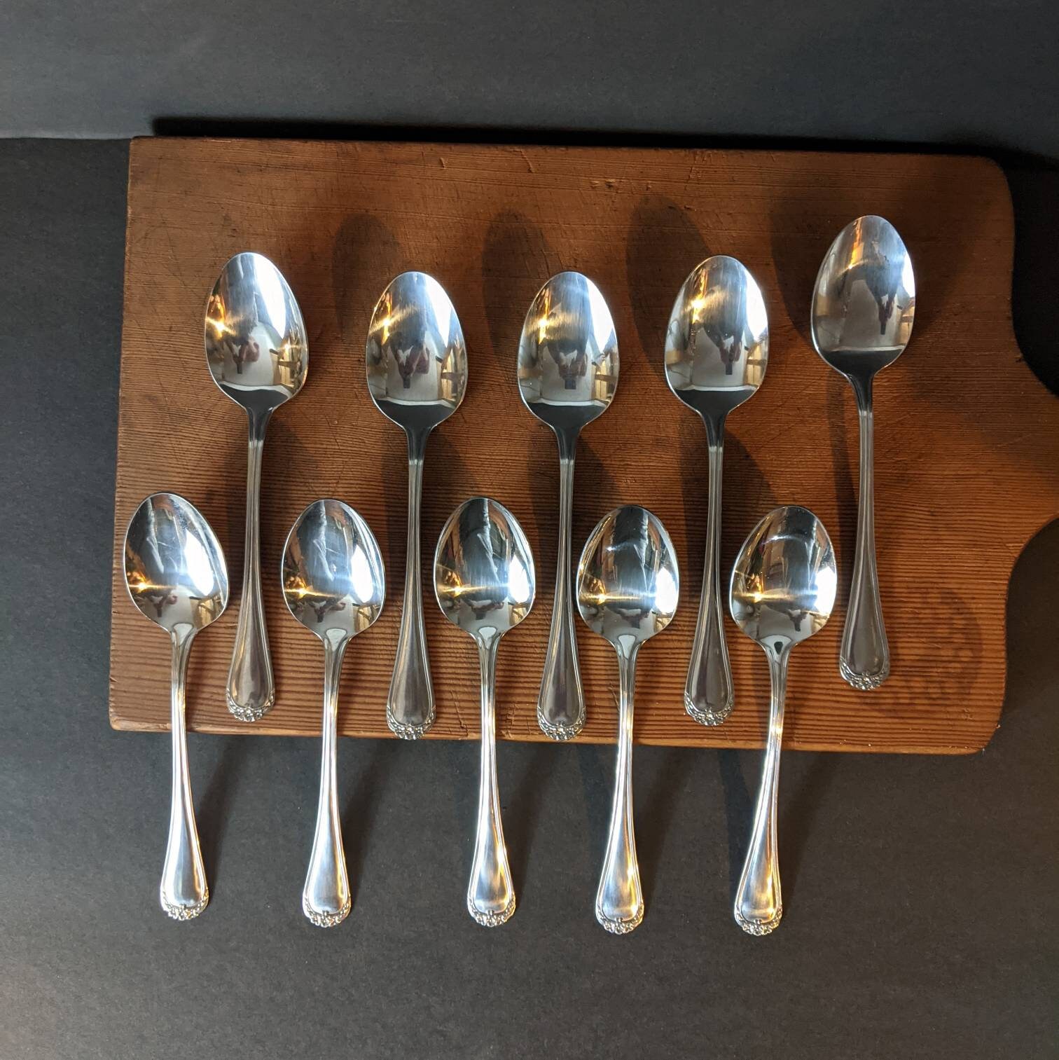 10 Table Spoons (Soup Spoons) 7"  Rose Trio-Rose Petal Rogers Stainless Korea By Stanley Roberts