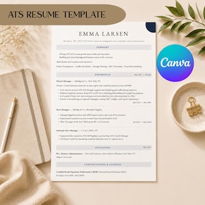 Può includere: Un modello di curriculum vitae con il nome "Emma Larsen" in alto. Il curriculum include sezioni per riepilogo, esperienza, istruzione e certificazioni. Il logo Canva è visibile.