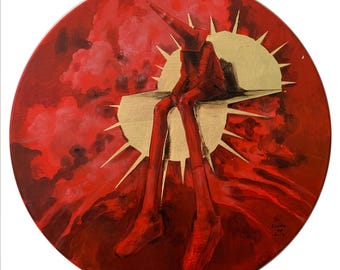 Original Round Wood Painting Red Sun Gold Leaf Wall Art Symbolic Figurative Artwork Ready to Hang Modern Minimalist Statement Decor