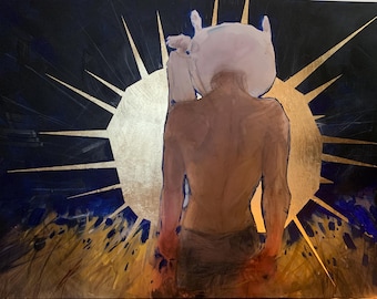 Acquerello originale con foglia d'oro: opera d'arte figurativa spirituale (40 x 28 pollici)