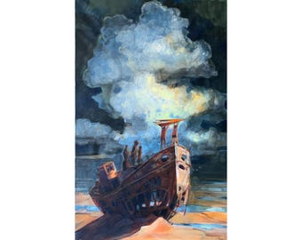 Large Surreal Shipwreck Painting Original Acrylic Artwork Dreamscape Wall Art Nautical Decor