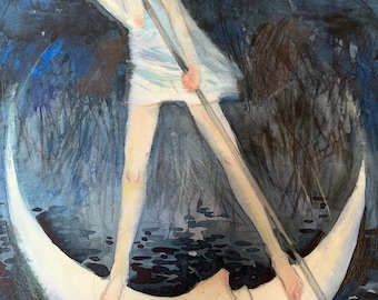 Surreal Girl on Crescent Moon Painting Original Art Dreamlike Figure Artwork Emotional Fantasy Wall Art Blue Night Scene Handmade