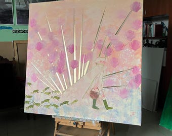 Original Frog Painting with Girl Pink Thistle Flowers Fantasy Landscape Gold Acrylic Wall Art Large Pastel Nature Artwork Handmade Decor