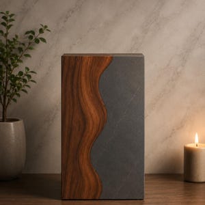 May include: A rectangular wooden box with a dark gray stone-like panel. The wood is a rich brown with a wavy, organic edge. The box is set on a dark wooden surface, with a lit candle and a small plant in the background.