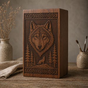 May include: A rectangular wooden box with a detailed carving of a wolf's head, pine trees, and a howling wolf. The box is brown and has decorative geometric patterns at the top and bottom. The overall theme is nature and wildlife.