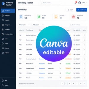 May include: Screenshot of an inventory tracker dashboard with product details, including product ID, name, category, and status. The interface displays total products, in-stock, low-stock, and out-of-stock counts. A large, circular graphic with the text "Canva editable" is overlaid.