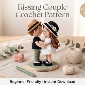 May include: A digital PDF crochet pattern titled Kissing Couple Crochet Pattern. The image shows two amigurumi dolls, one wearing a tan hat and black shirt, the other a black hat and white dress, standing on a circular base with text.