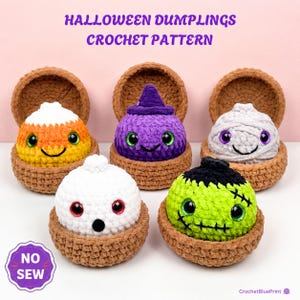 May include: Five crocheted Halloween dumplings in brown baskets. Characters include a candy corn, a purple witch, a white mummy, a white ghost, and a green Frankenstein monster. Text reads HALLOWEEN DUMPLINGS CROCHET PATTERN and NO SEW.