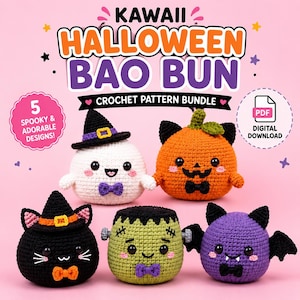 Kawaii Halloween Bao Bun Crochet Pattern Bundle | Dumpling Amigurumi Bundle | Ghost, Pumpkin, Black Cat, Bat, Frankenstein