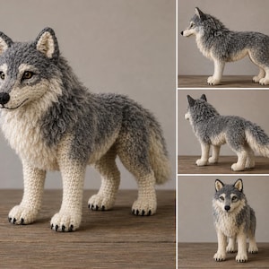 Può includere: Una statuetta di lupo realizzata a mano all'uncinetto con un mantello testurizzato in filato grigio e crema. Il lupo è raffigurato in varie posizioni erette, mostrando orecchie a punta, occhi scuri, naso nero e zampe con artigli neri.