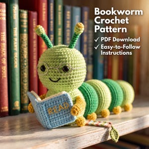 Patrón de ganchillo de gusano de biblioteca / Amigurumi de amante de los libros / Patrón de ganchillo de oruga / Tutorial de peluche de gusano adorable / Amigurumi de gusano de biblioteca