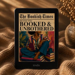 May include: A black Kindle e-reader displaying a graphic with the text The Bookish Times, Breaking News: Booked & Unbothered. The image shows a person in a striped shirt and blue trousers sitting on a stack of books, holding a book with a plant nearby.
