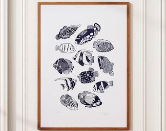 Grabado en linóleo tamaño A4 de peces tropicales