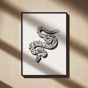 Puede incluir: Una impresión de arte mural enmarcada que presenta una ilustración en blanco y negro de una serpiente enroscada con un patrón de escamas detallado. La serpiente está colocada centralmente sobre un fondo blanco liso, dentro de un marco negro fino.