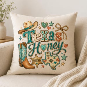 May include: A beige cushion featuring a colourful Texas-themed design. The design includes a cowboy hat, cowboy boot, the words "Texas Honey", a Texas state outline, stars, hearts, and a sheriff's badge.