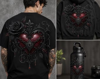 Dark Gothic Heart PNG, Black Rose Clipart, Romantic Red Heart Artwork, Gothic Love Design, Transparent PNG Download