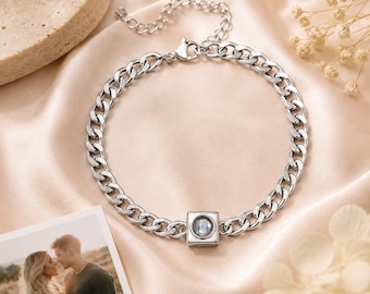 Personalized Photo Projection Bracelet, Custom Picture Bracelet, Cuban Chain Bracelet, Hidden Image Jewelry Gift for Men