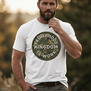 Vintage Camo Fatherhood Is Kingdom Work PNG, Christian Dad Shirt Design, Dad Camouflage PNG, Father’s Day Gift, Retro Patch