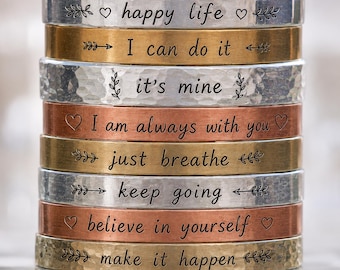Custom Engraved Cuff Bracelet, Personalized Name Bracelet, Hand Stamped Metal Bangle, Gift for Women Men, Adjustable Cuff