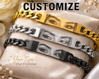 Custom Eye Bracelet, Personalized Photo Bracelet, Engraved Eyes Jewelry, Memorial Gift for Him Her, Stainless Steel Chain Bracelet