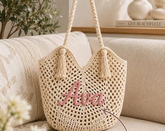 Personalized Crochet Beach Tote Bag Custom Name Summer Bag Fully Lined Cotton Vacation Tote Bridesmaid Gift