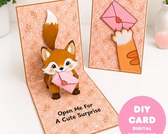 Printable Canva Editable Pop Up Fox Card Template | DIY Paper Card Kit | Cute Surprise Gift | Valentine Love Note | Digital Download PDF