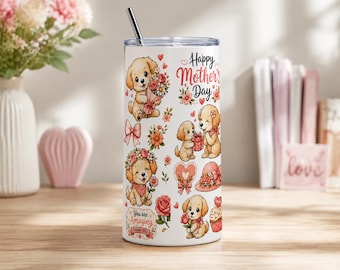 I Love You Mom Tumbler Wrap, Cute Puppy Cartoon Design, Mother's Day Tumbler PNG, Floral Mom Cup Wrap, Sublimation Design