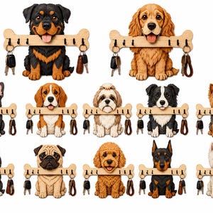Pode incluir: Porta-chaves decorativos com tema de cães de diferentes raças. Cada porta-chaves apresenta um cão segurando um porta-chaves em forma de osso. Os cães são de várias cores e poses, com chaves penduradas.