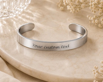 Personalized Cuff Bracelet, Custom Engraved Bracelet, Stainless Steel Cuff Bangle, Adjustable Jewelry Gift for Women Men