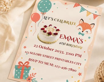Editable Fox Birthday Invitation, Kawaii Fox Party Invite, Canva Birthday Announcement, Cute Digital Kids Birthday Invite