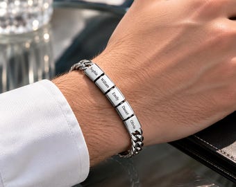 Personalized Engraved Bracelet for Men, Custom Name Bracelet, Stainless Steel Cuban Link Chain, Father's Day Gift for Dad