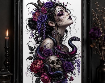 Gothic Demon Woman PNG, Purple Rose Snake Artwork, Skull Floral Illustration, Dark Fantasy Clipart, Digital Download