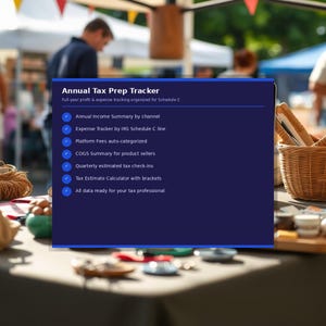 May include: A dark blue digital display with the text "Annual Tax Prep Tracker" and a list of features, including income summaries, expense trackers, and tax calculators. The display is set against a blurred outdoor market scene.
