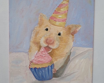 Original Ölgemälde: Hamster mit Cupcake, Geburtstagstierkollektion (24 × 30 cm)