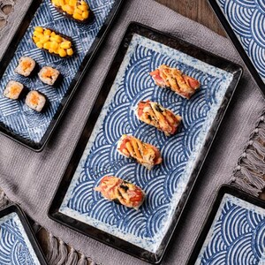Plato de cerámica con diseño de olas japonesas – Plato rectangular hecho a mano, bandeja premium para sushi y aperitivos, utensilios de cocina modernos y minimalistas, regalo ideal para el hogar.
